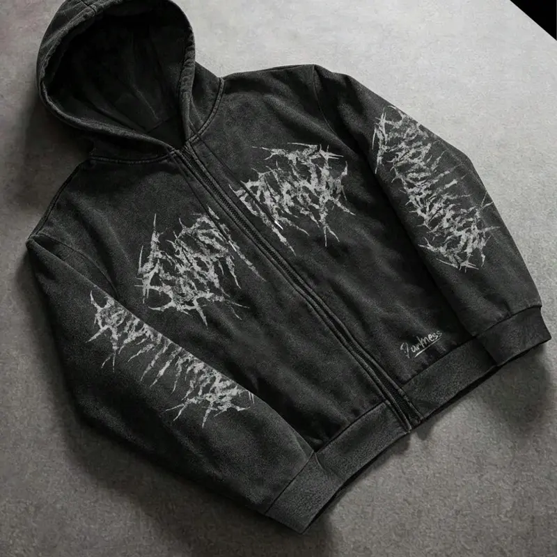 Heavyweight Washed Black Zip Up Hoodie | Y2K Grunge Opium Style Cotton Long Sleeve Graphic Jacket for Men Women Streetwear Casual OOTD