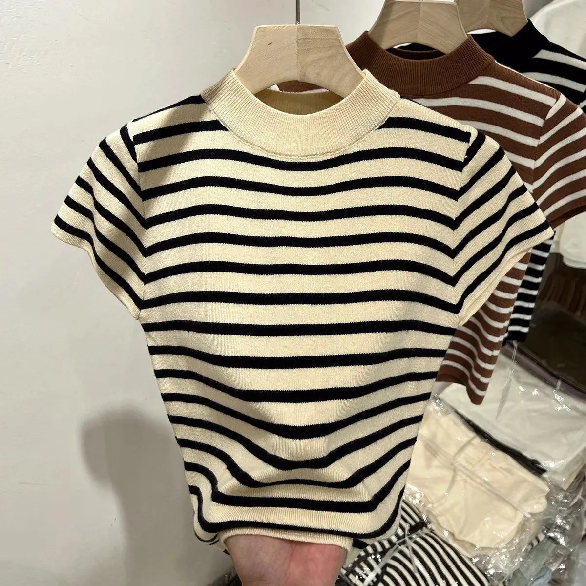 Women Pullover Striped Short Sleeve Mock Neck Knit Sweater Fitted T Shirt Half Turtleneck Crop Top French Style Retro Outfit