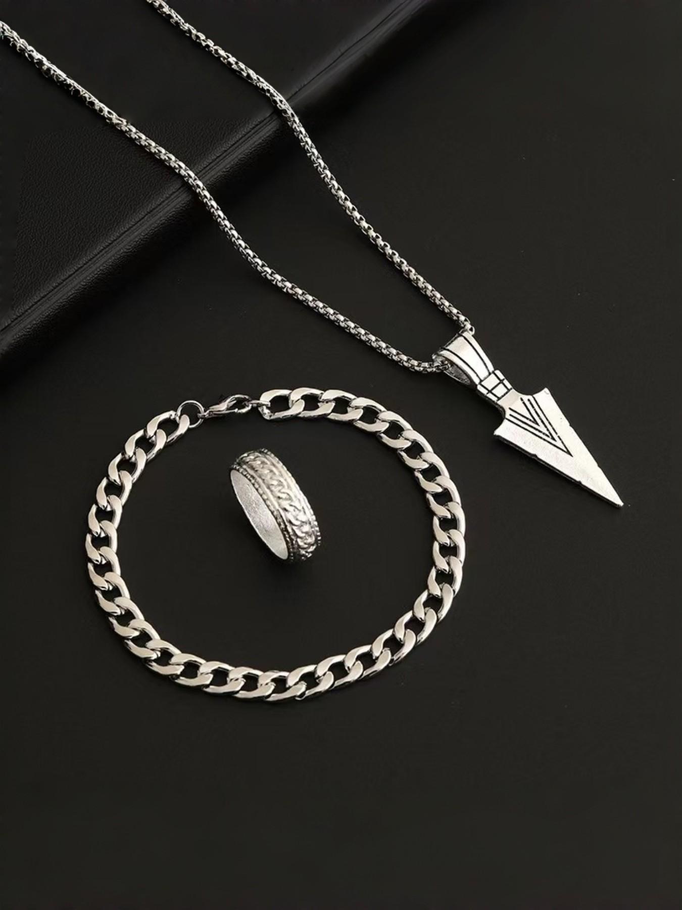 Men's 3-Piece Minimalist Chain Jewelry Set, Includes Necklace, Bracelet & Ring, Perfect for Casual, Sports & Daily Wear
