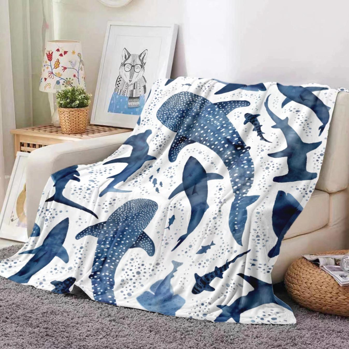 Shark Print Blanket Soft Cozy Throw Blanket for Sofa Bed Couch Car Office Camping Warm Plush Nap Blanket Cute Ocean Gift for Kids Adults