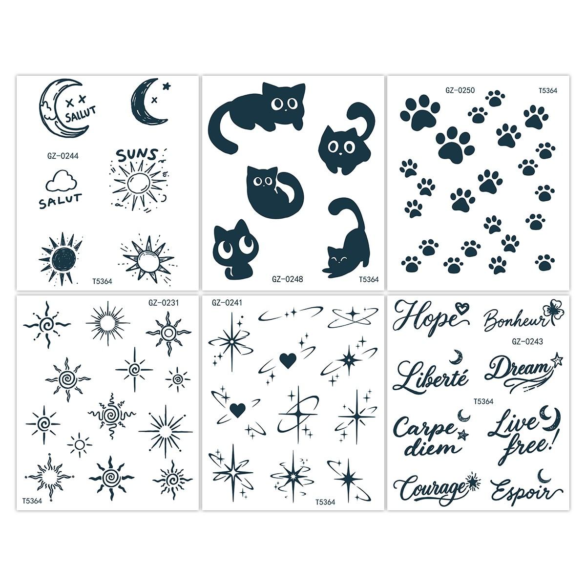 6 Sheets Herbal Juice Temporary Tattoos for Women, Tiny Star Flower Moon Finger Tattoos, Waterproof Realistic Line Art Body Art