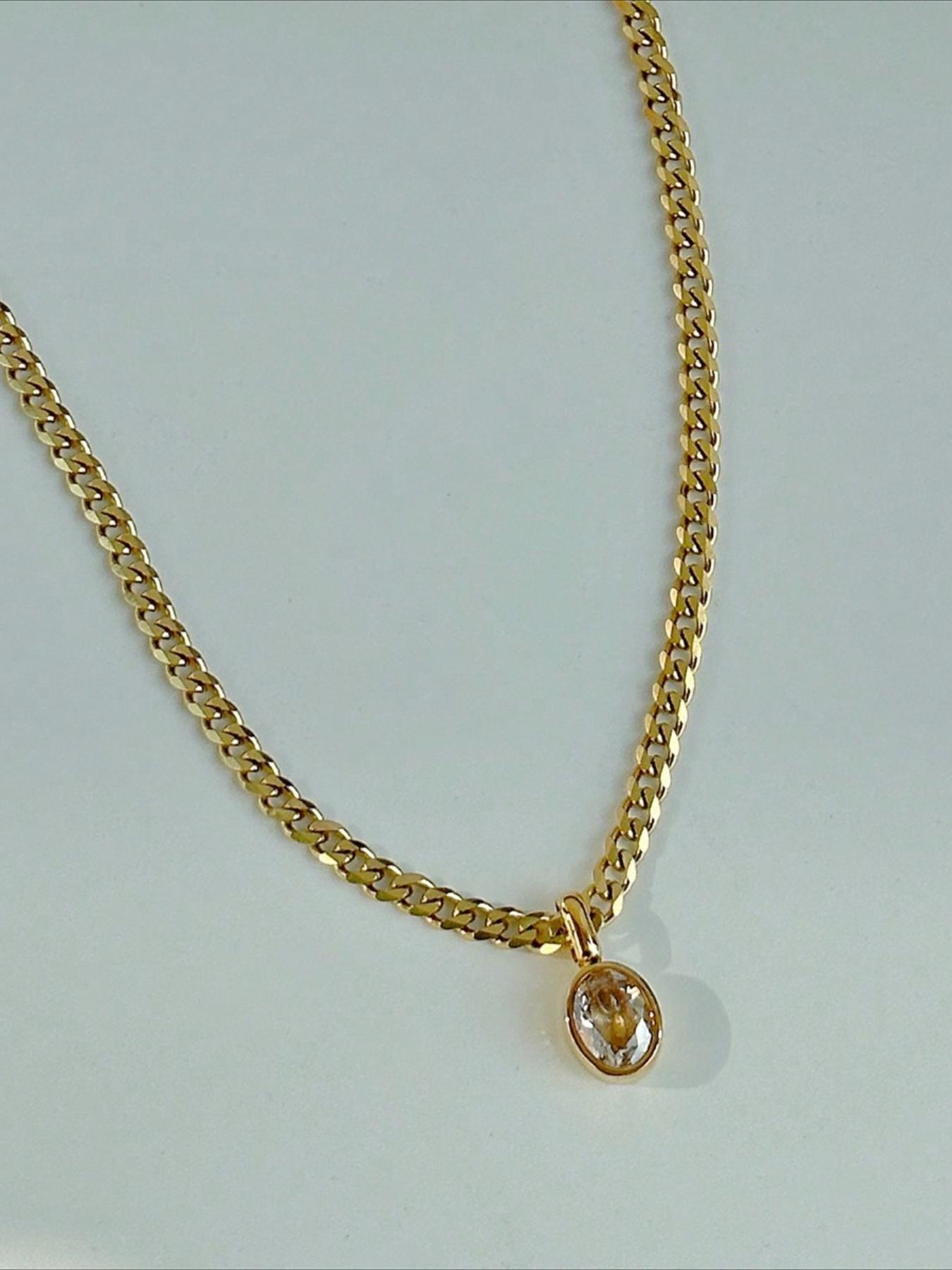 French Minimalist Fashion Elegant Oval Zircon Pendant Stainless Steel Necklace, Stylish Versatile Women's Daily Commute Jewelry Rhinestones Pendant Necklace