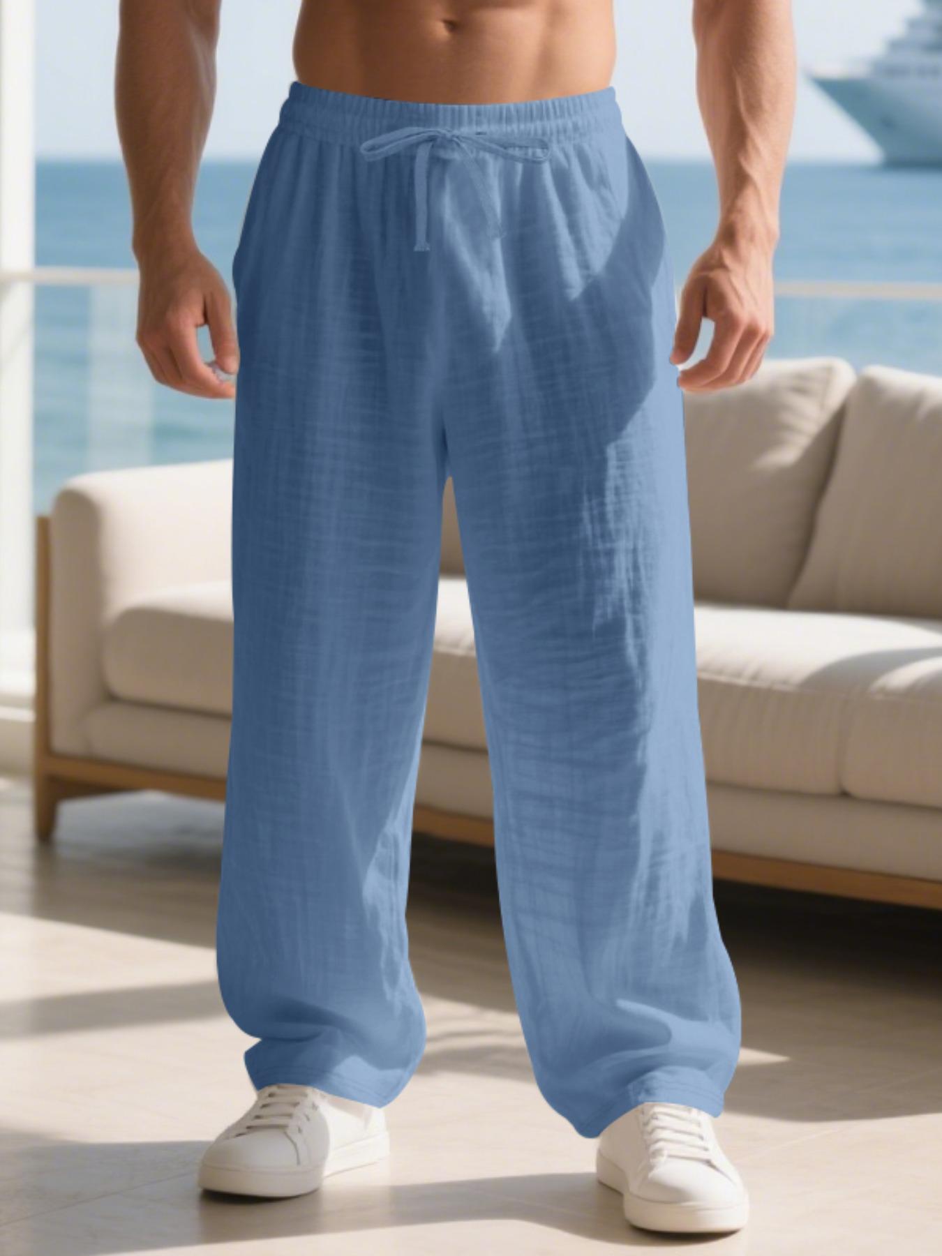 Men's Linen Long Pants Fit with Pockets, Casual Beach Pants, Summer Home Wear, Elastic Waistband & Drawstring, Spring & Fall Fashion