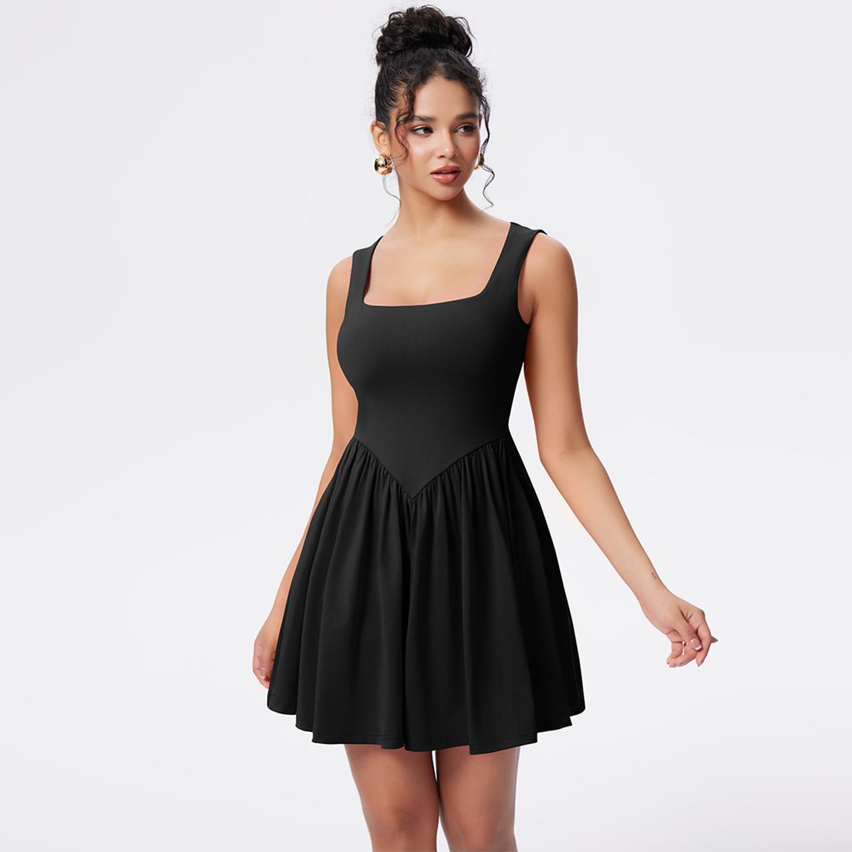 OYV Women's Summer Sleeveless Square Neck A-line Ruffle Hem Mini Tank Dress with Pockets