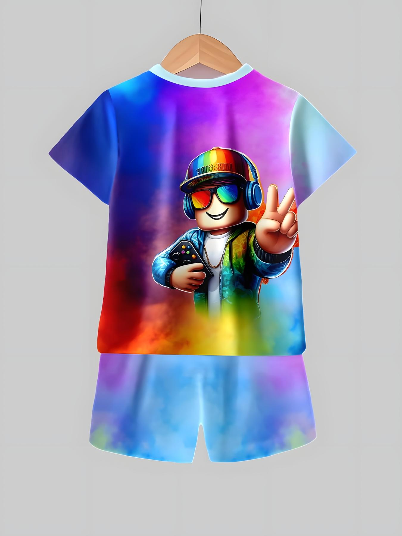 Roblox Rainbow Anime Set, Gradient Color Role-Playing Short Sleeve Shorts, Casual Two-Piece Party Outfit for Girls