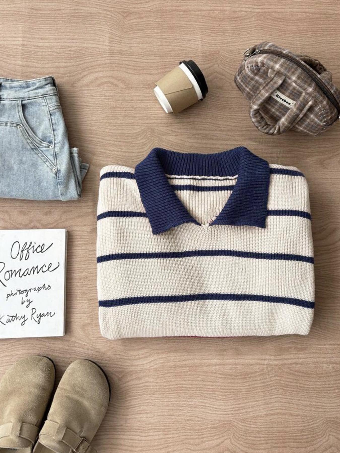 Autumn Winter Striped Polo Neck Long Sleeve Pullover Sweater, Fashionable Lazy Casual Loose Fit Knitwear, Versatile Style, Womenswear