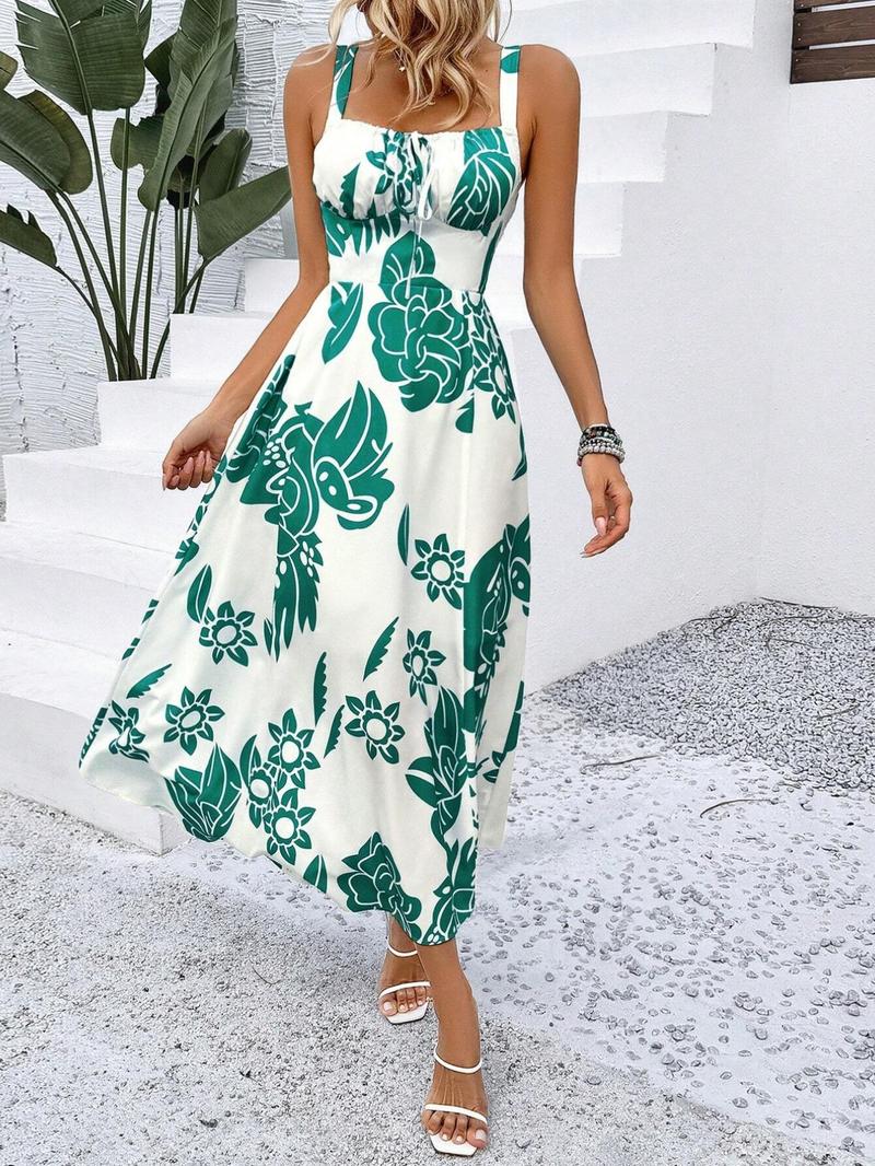 Elegant Women's Floral Print Wide Strap Dress, Backless Ruched Design, Sleeveless Long Dress for Vacation