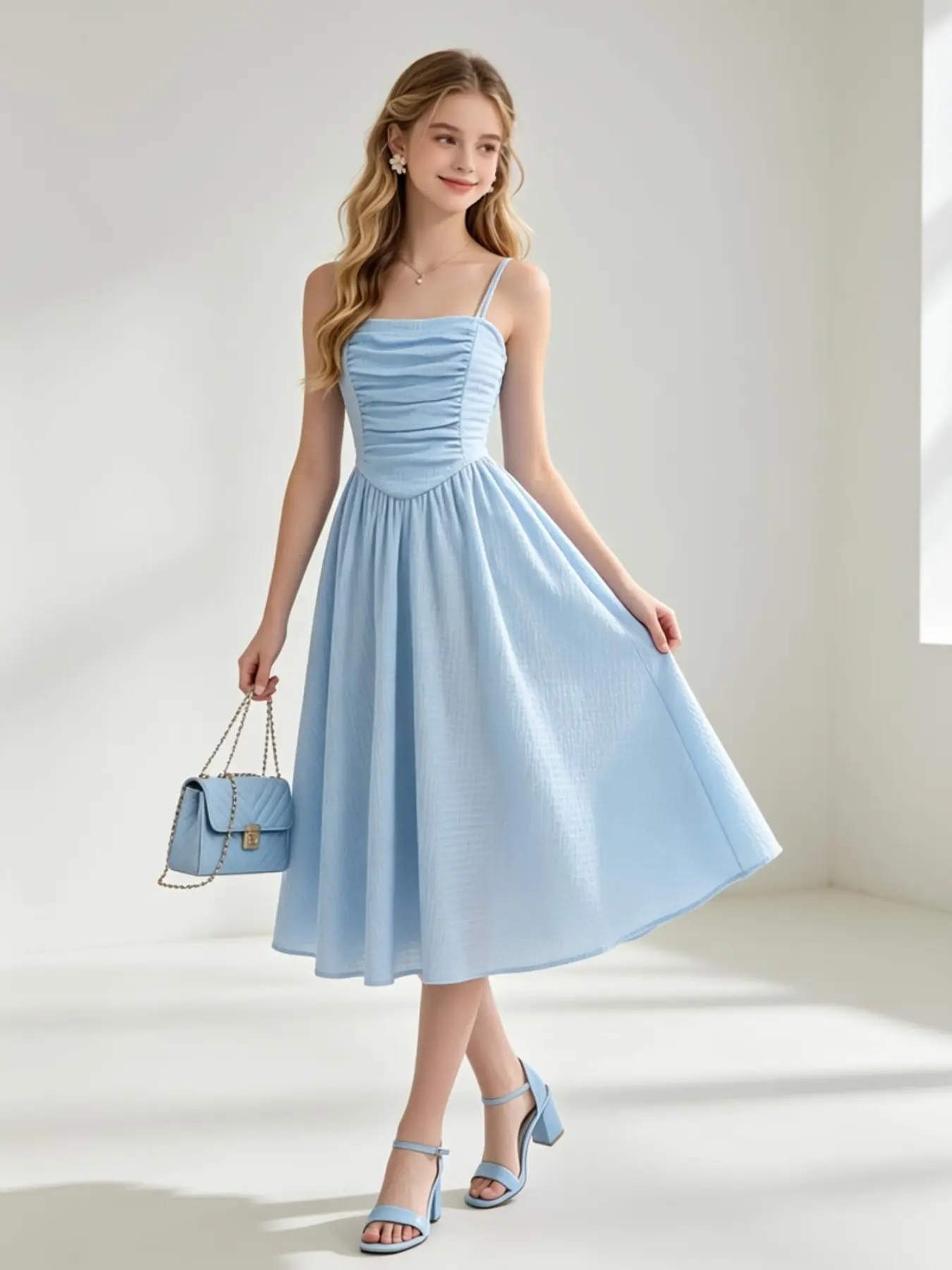 Girls Light Blue Ruched Bust Midi Dress, Sweet Cute Casual Cottage Core Summer Style, Adjustable Spaghetti Straps, A-Line Skirt, Breathable Fabric