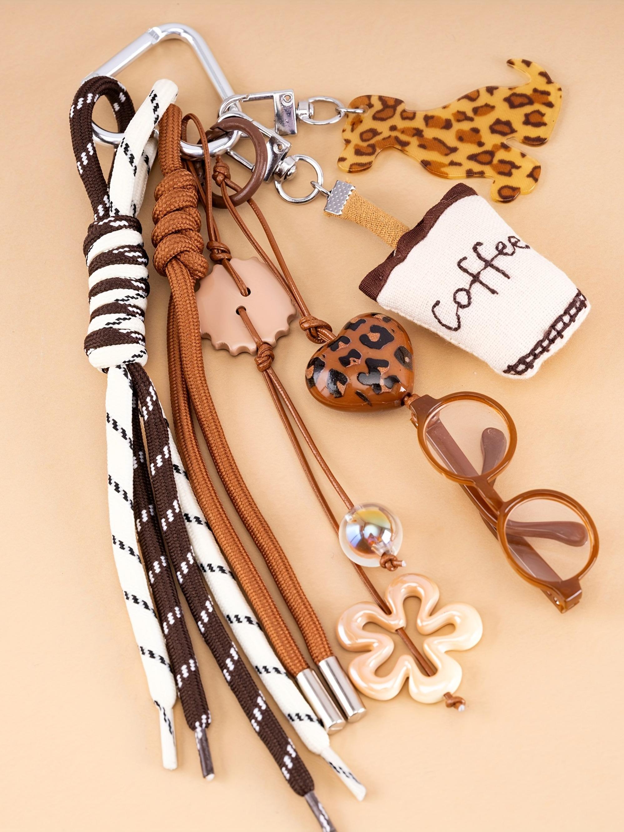 Luxury 2D Eyes Glasses Keychain,Coffee Brown Leopard Print Dog Key Bag Charm Coffee Cup Pendant Heart Flower Beaded Charms Braided Rope Fabric Coffee Cup Keychain Lanyard for Men Women Keys,Backpack Keyring Decoration Ornaments Purse Charms Accessories