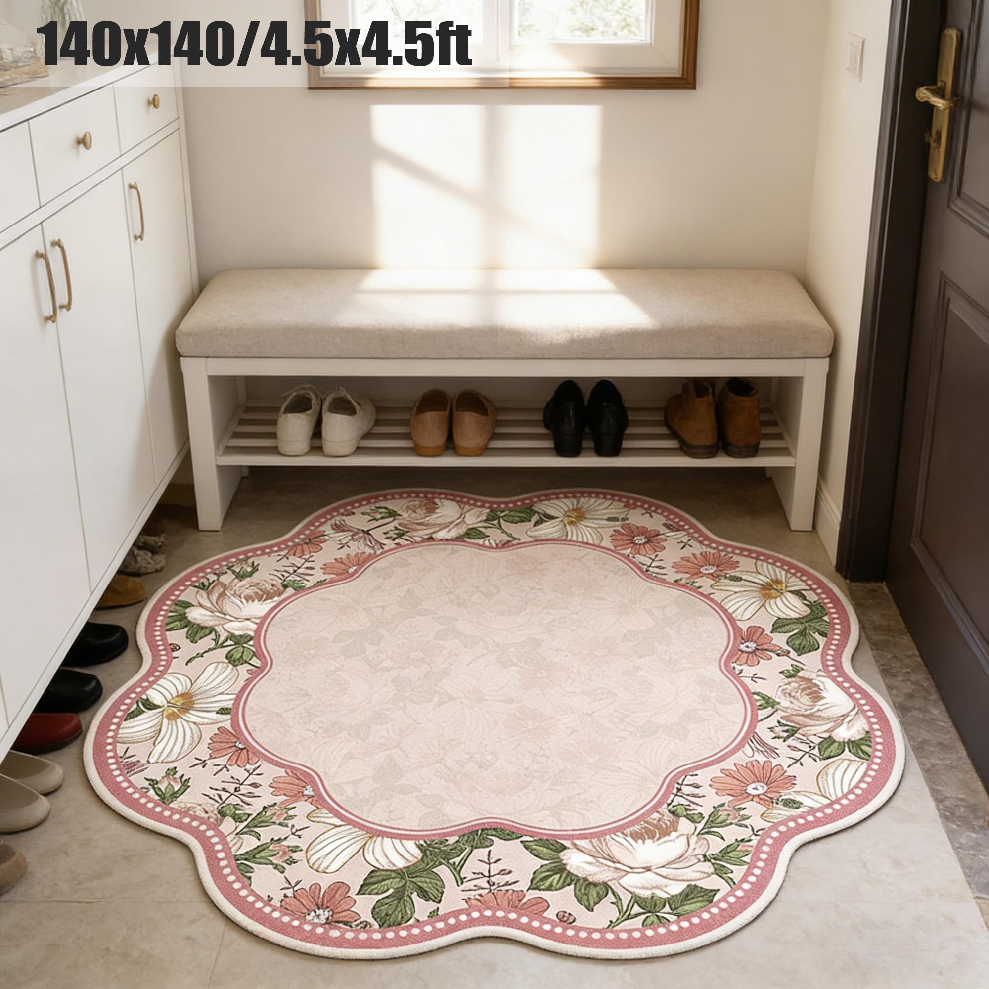 Creative Flower Petal Print Carpet, Foldable Washable Non-Slip Plush Rug, Decorative Area Rug, Romantic French Style for Living Room Bedroom, Round Floral Shaped Rug