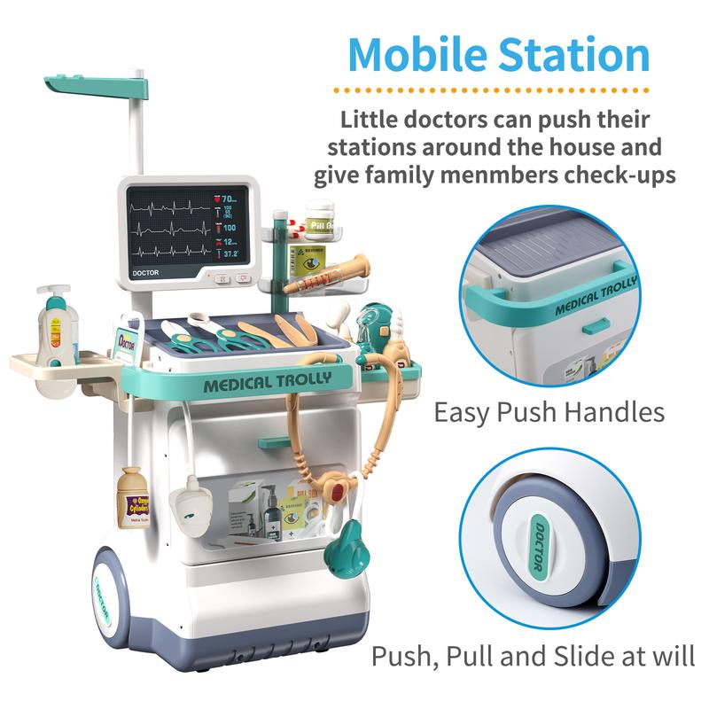Doctor Kit for Kids Pretend Medical Station Set for Boys Girls Mobile Cart with Sound Light Durable Toys for Toddlers 3-8 Birthday Gifts