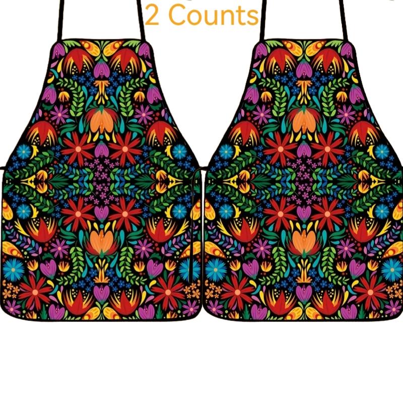 Floral Pattern Apron Set, 2 Counts Polyester Mexican Folk Style Aprons, Kitchen Apron for Cooking, Summer Spanish Apron,Mother's Day Gift, Kitchen&Cleaning Essential,Cleaning Tool,World Cup