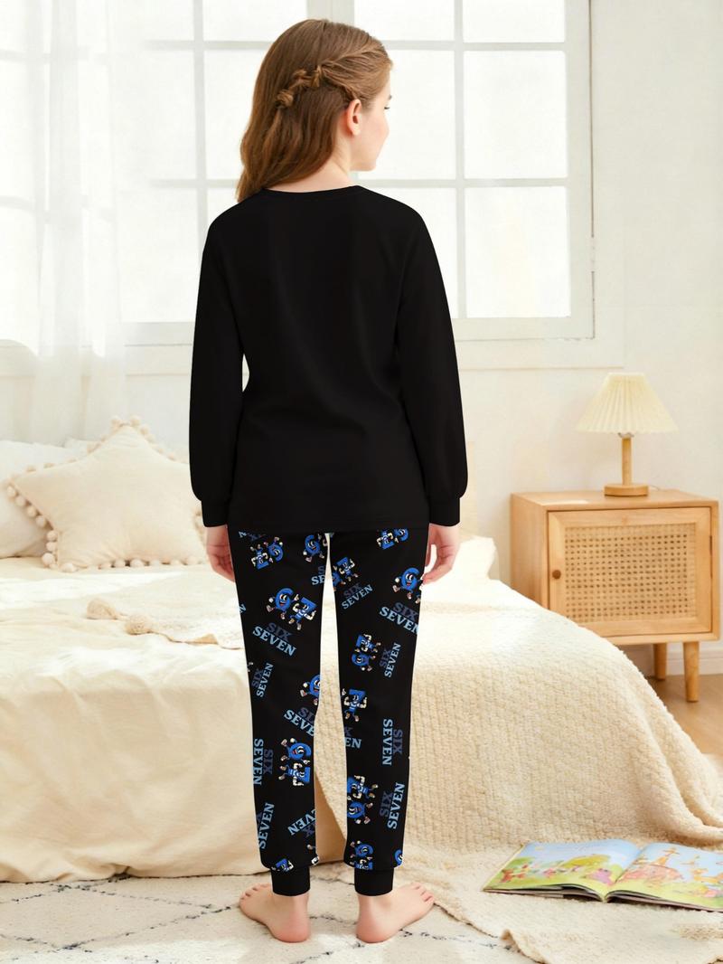 #67 Kids Long Sleeve Pajama Set,  Six Seven Cute Cartoon Pattern, Loose-Fitting Sleepwear, All Seasons, Ideal Gift for New Year & Reading Festival, Cartoon Print Pajama