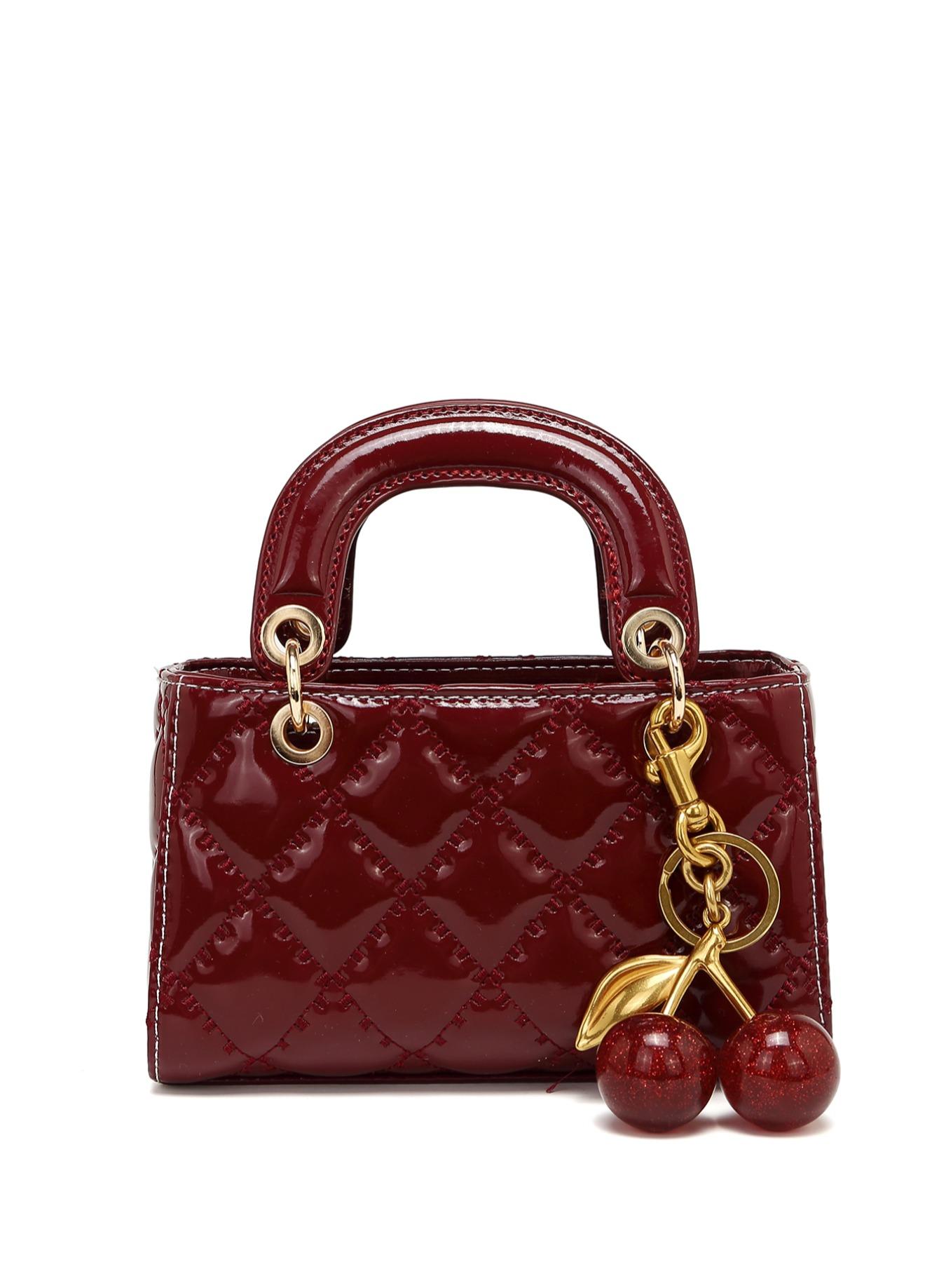 Women’s Small Cherry Pendant Leather Handbag, New Plaid Shoulder Bag, Versatile Crossbody Bag, Casual Plain Messenger Bag, Handbag Shoulder Purse