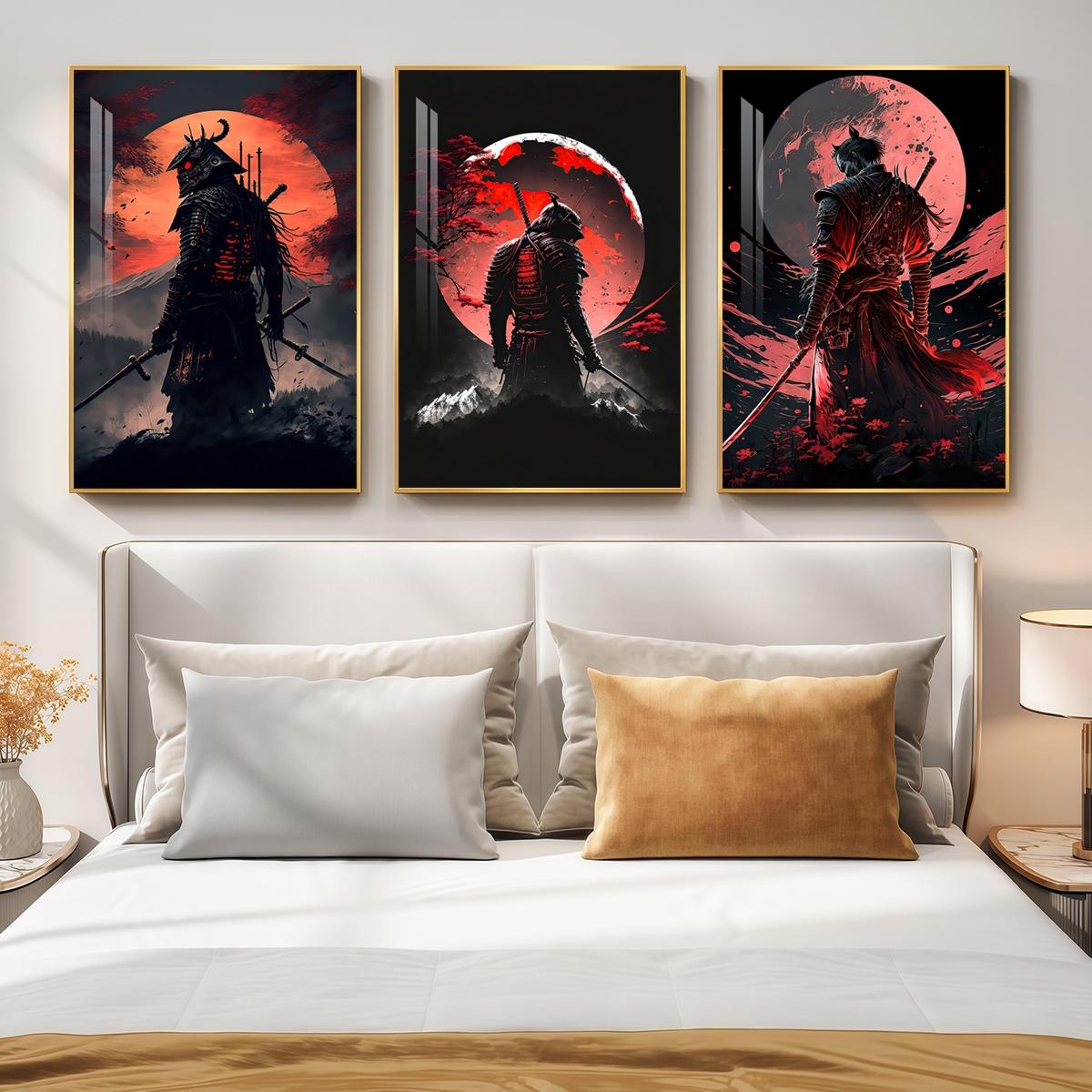 3 Counts Aluminum Alloy Framed Painting, Samurai Warriors Under Red Moon Artwork, Home Decoration For Living Room, Bedroom, Office, Restaurant, Hallway Wall Decor, Odorless Print Artwork, Luxury Perfect Gift For Friends And Family