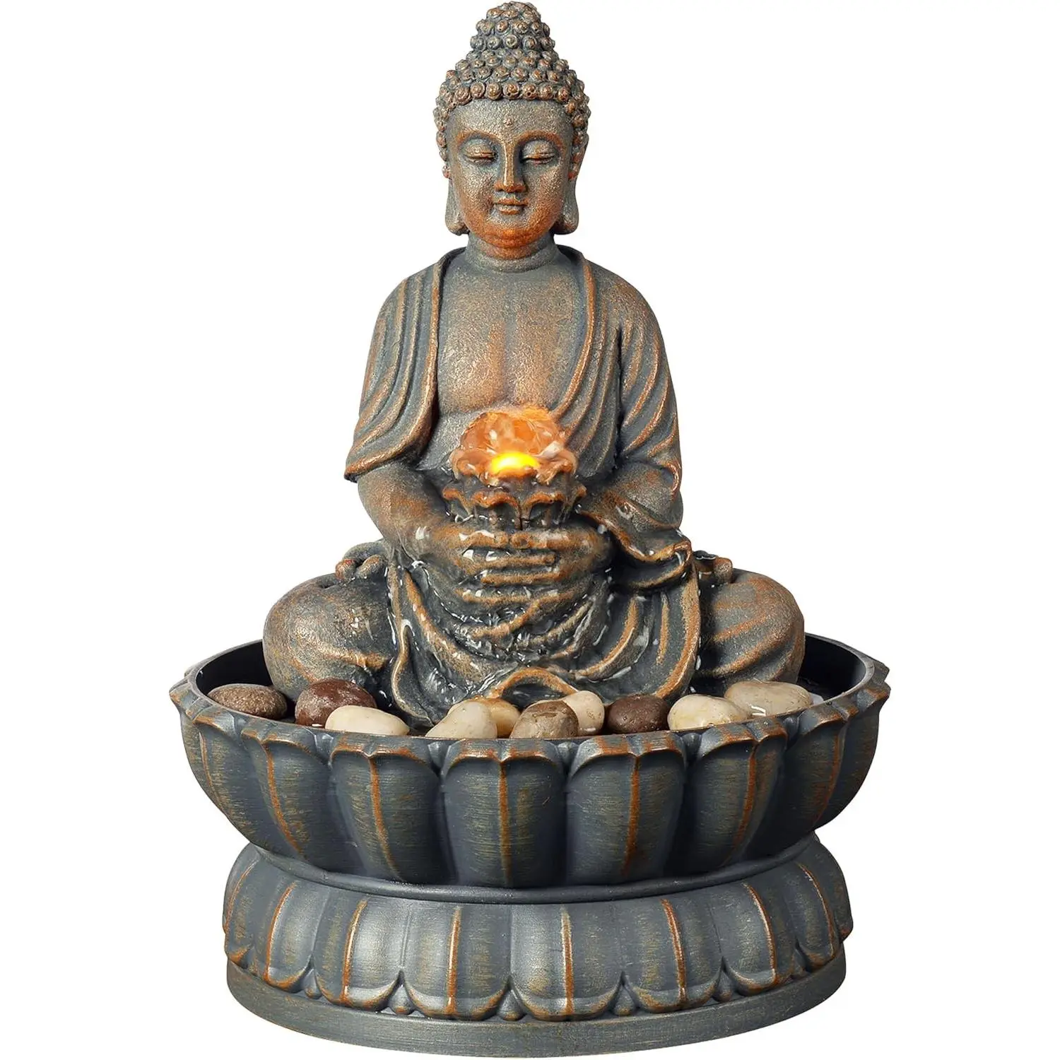 Tabletop Water Fountain with Buddha, LED Light Indoor Waterfall | Buddha fountain creates soothing water sounds with LED glow, bringing peaceful Zen decor to your home, office or bedroom.