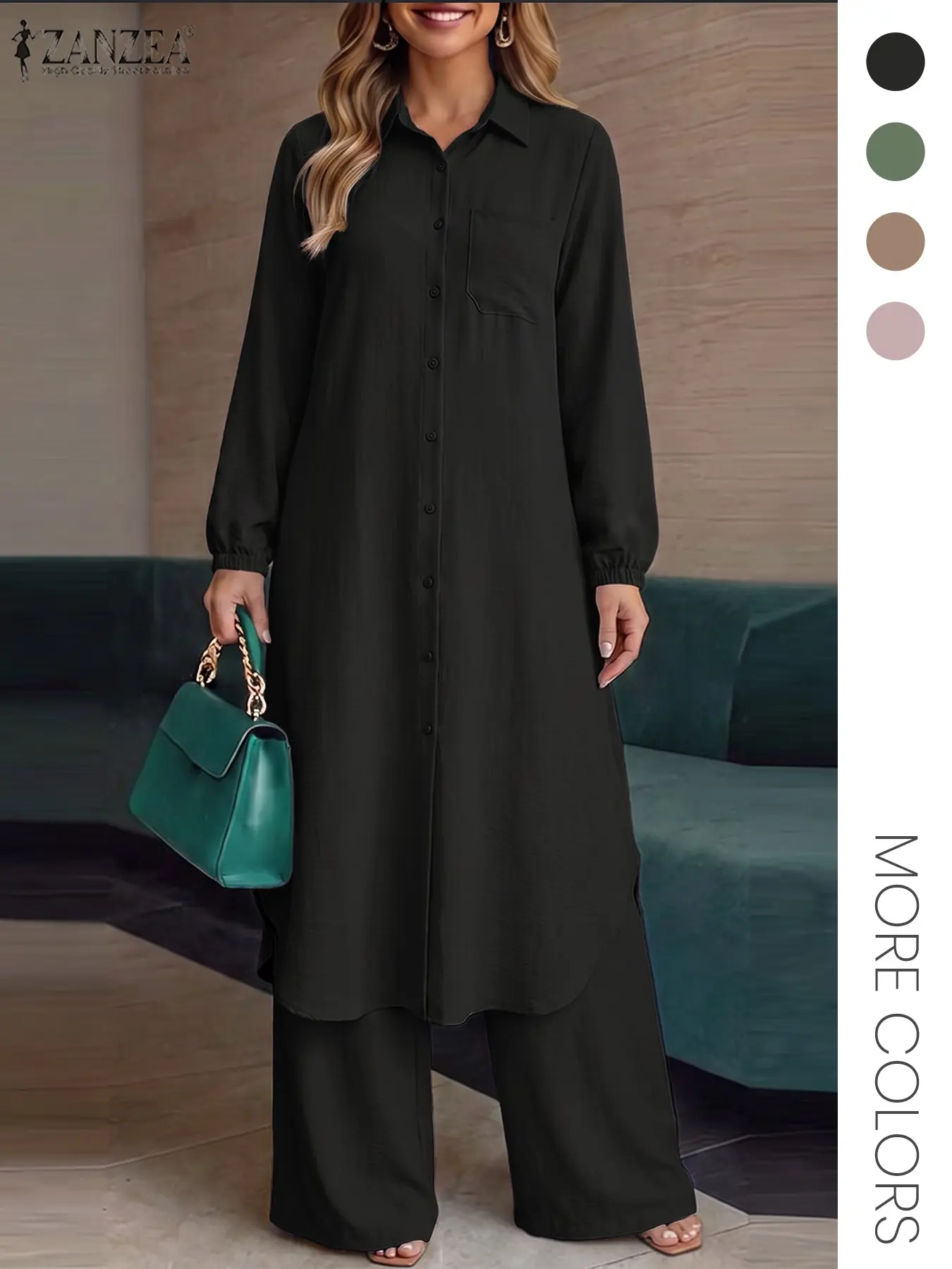 Two-Piece Set Women's Solid Color Asymmetrical Hem Button Front Longline Shirt & Wide Leg Pants, Casual Pocket Bishop Sleeve Collared Top & Elastic Waist Trousers for Fall & Winter, Women's Clothes for Daily Wear