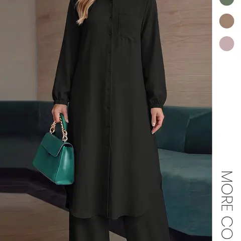Two-Piece Set Women's Solid Color Asymmetrical Hem Button Front Longline Shirt & Wide Leg Pants, Casual Pocket Bishop Sleeve Collared Top & Elastic Waist Trousers for Fall & Winter, Women's Clothes for Daily Wear Casual Everyday Set
