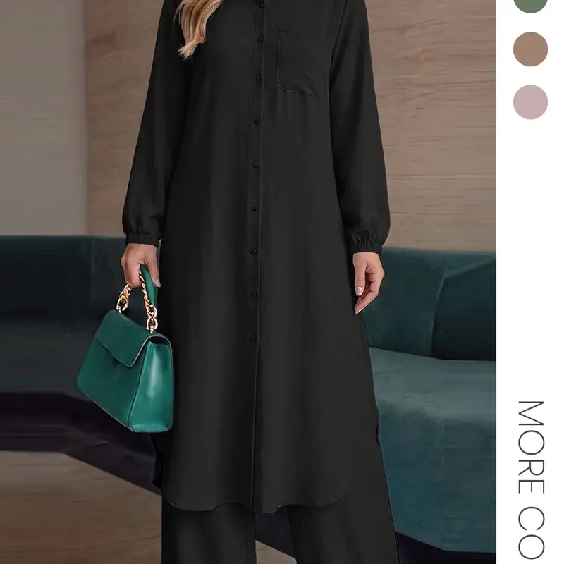 Two-Piece Set Women's Solid Color Asymmetrical Hem Button Front Longline Shirt & Wide Leg Pants, Casual Pocket Bishop Sleeve Collared Top & Elastic Waist Trousers for Fall & Winter, Women's Clothes for Daily Wear Casual Everyday Set