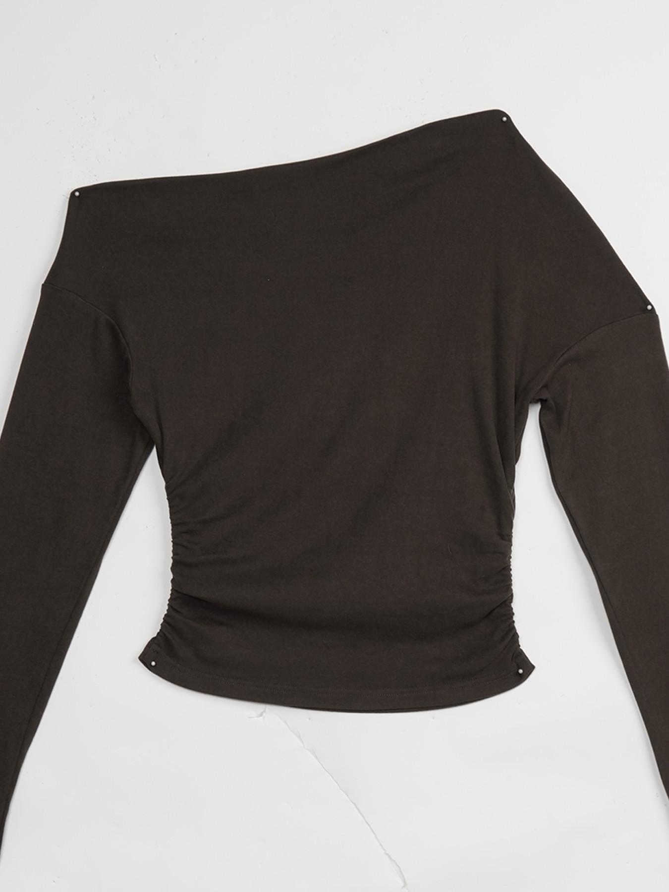 Womens Brown One Shoulder Long Sleeve Crop Top Asymmetric Neck Ruched Slim Fit Shirt Off Shoulder Bodycon Stretchy Going Out Top Sexy Streetwear Club Party Date Night Fall Autumn Casual Daily Wear Trendy Fashion Basic Layering Top