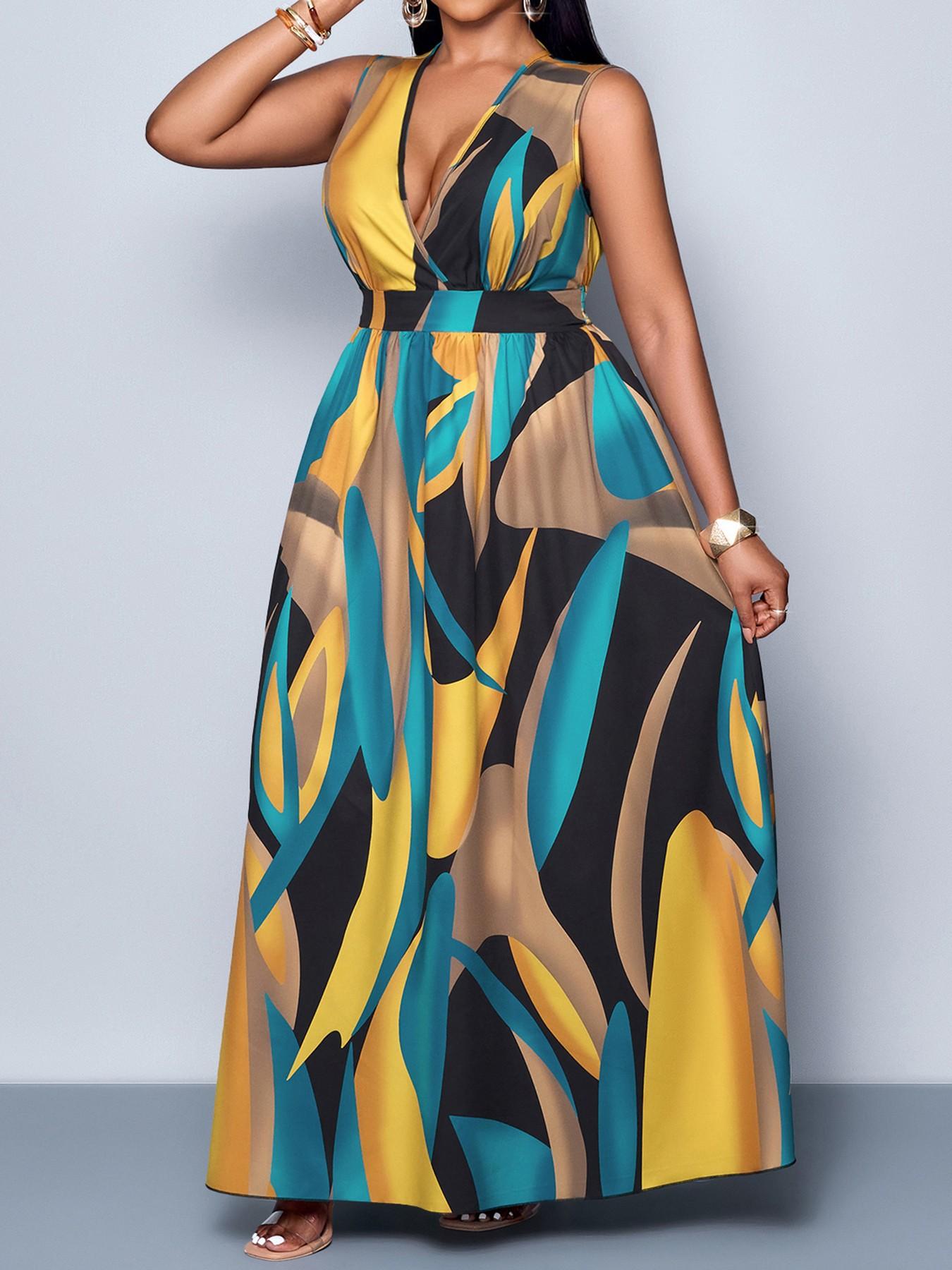 Plus Size Women's Elegant Casual Boho Chic Summer Plant Print V-Neck Sleeveless High Waist A-Line Dress for Leisure, Vacation & Outdoor loose fit fashion forward special occasion oversized