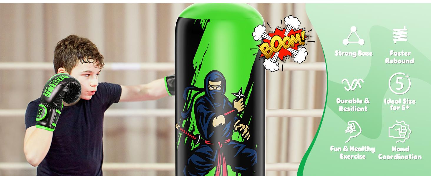 QPAU Kids Boxing Bag with Gloves 66-Inch Stabilized Inflatable Boxing Set for Boys Girls Ages 5-12 Karate Kickboxing MMA Sports Equipment Gift Training Durability Rebound