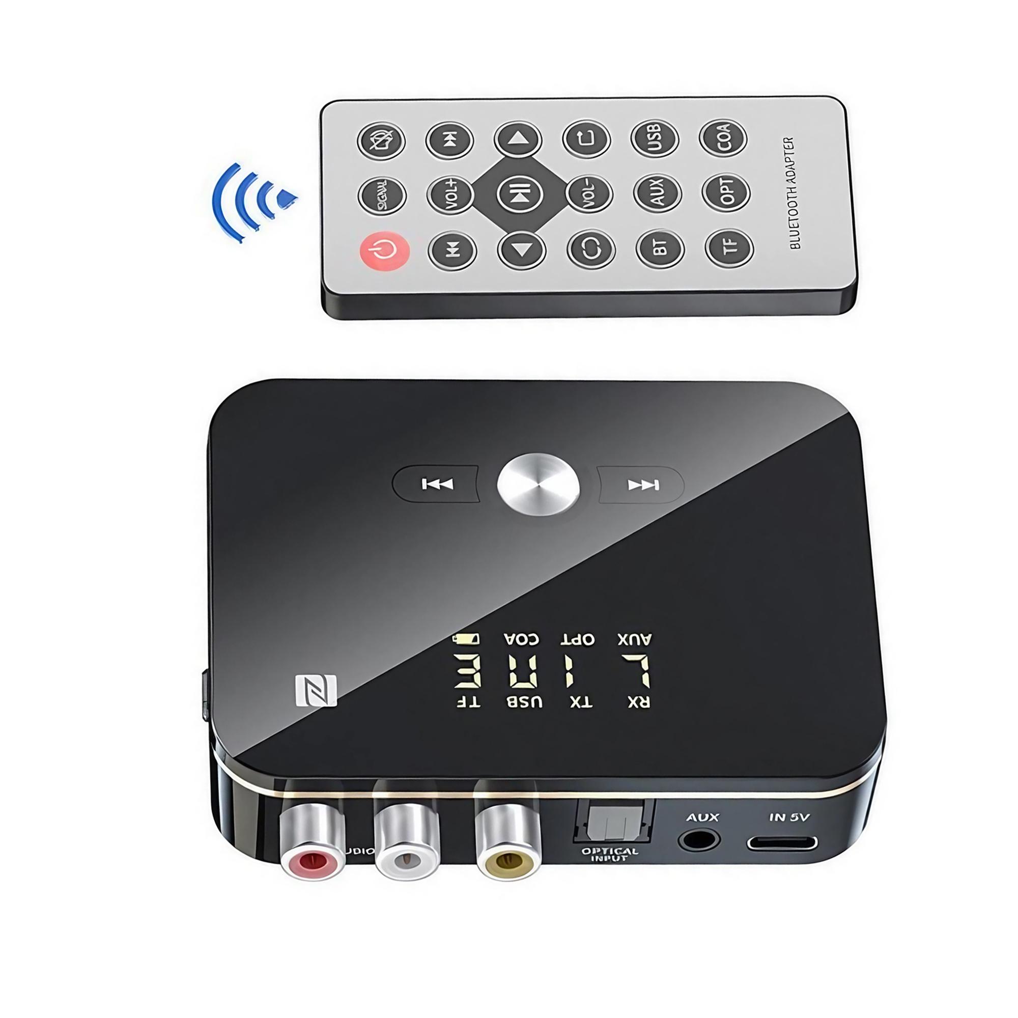 Bluetooth 5.0 NFC Audio Transmitter & Receiver, Low Latency Wireless Adapter for Hi-Res Streaming Music to Home Theater, Car Stereo, TV, Smartphone & Tablet.
