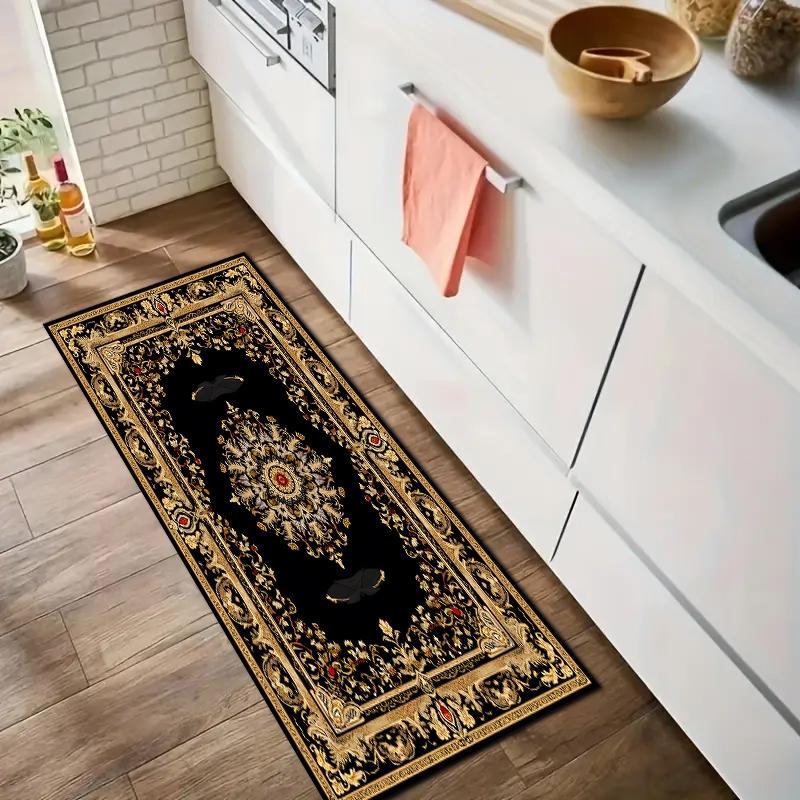 A European Persian-style kitchen mat with a black pattern, soft and non-slip, made of diatomaceous earth, suitable for kitchens, laundry rooms, and offices.