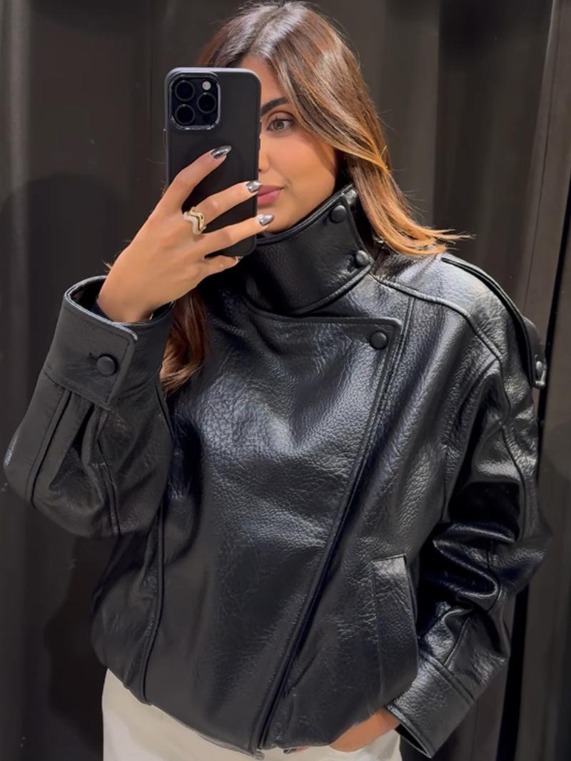 2026 Women's Black PU Leather Jacket, Oversize Asymmetrical Outerwear with Zipper, Long Sleeve Street Style Biker Jacket for Autumn