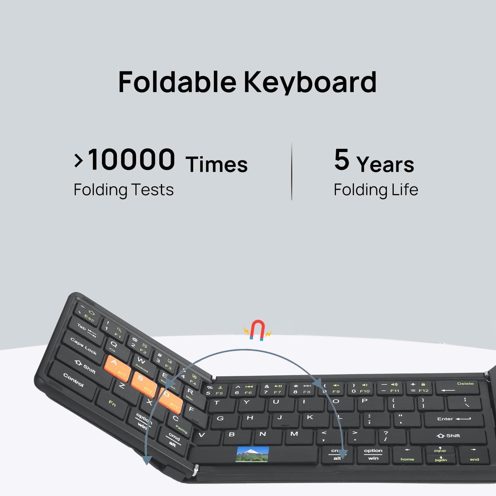 JOMAA Portable Tri-Foldable Bluetooth Keyboard with Touchpad Bluetooth Wireless Rechargable Keyboard Supports Multi-Device Keyboard for Windows/Android/iOS