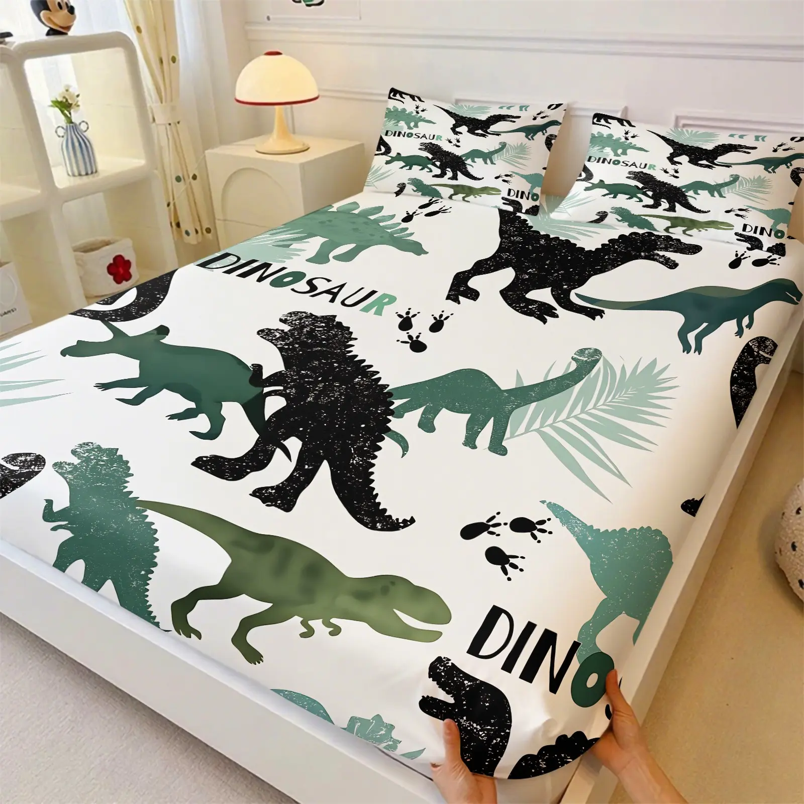 3Pcs Cartoon Vintage Dinosaur Fitted Sheet Set No Fillers, Dino Silhouette Palm Leaves Bed Sheet Set, Jungle Style Bedding Set with Pillowcases, Deep Pocket Bedding for Kids Boys Toddler Bedroom Nursery