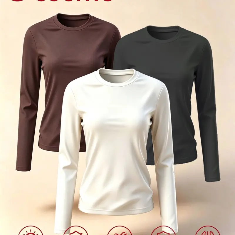Women's Sporty Warm Underwear Set Clothing, 3-Piece Fitted Long Sleeve Round Neck Tops, Comfortable Soft All-Season Base Layer Tees