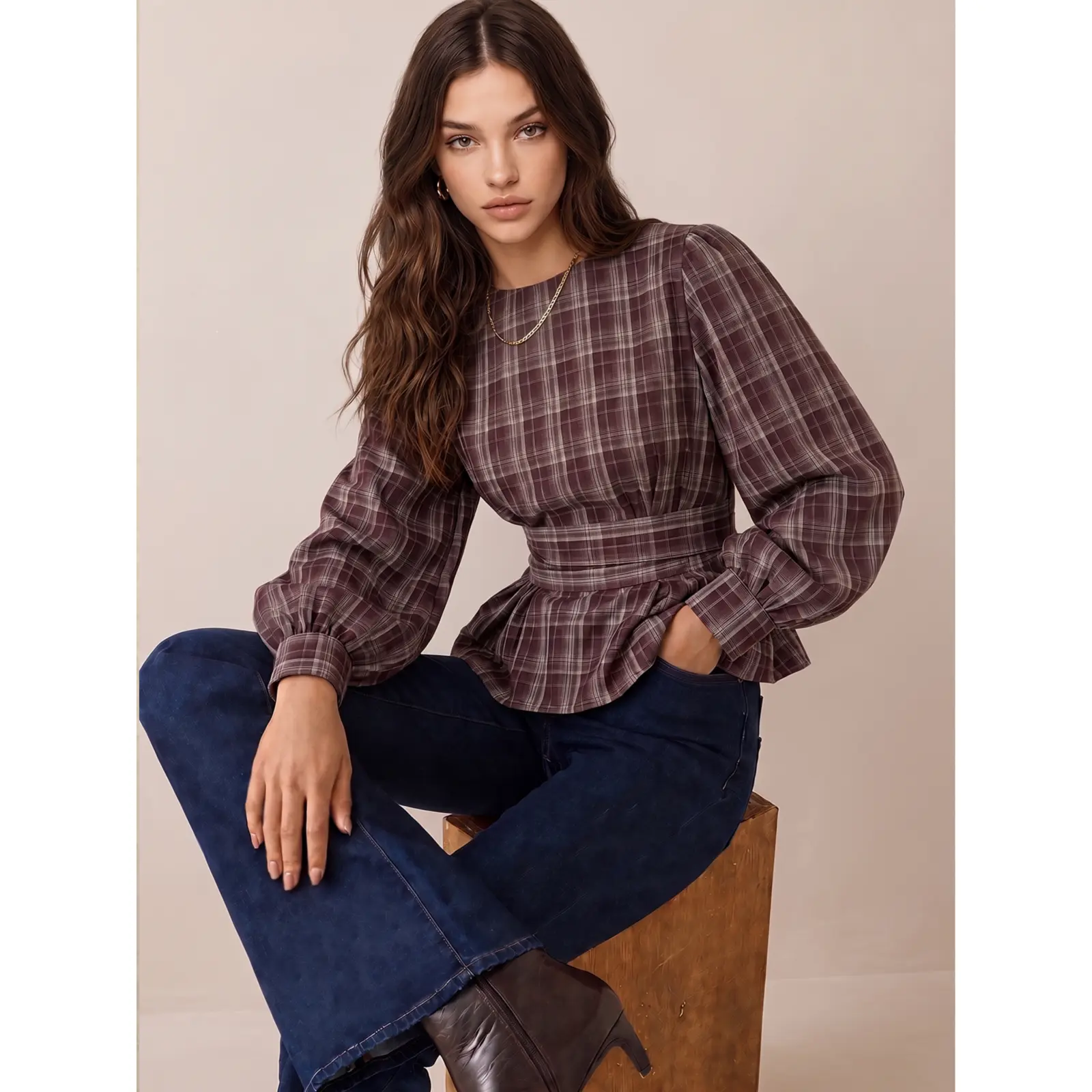 COMMENSE Women's Plaid Style Puff Sleeve Tie-Back Peplum Blouse - Sleeve Detail Blouses & Shirts for Women's Daily Wear