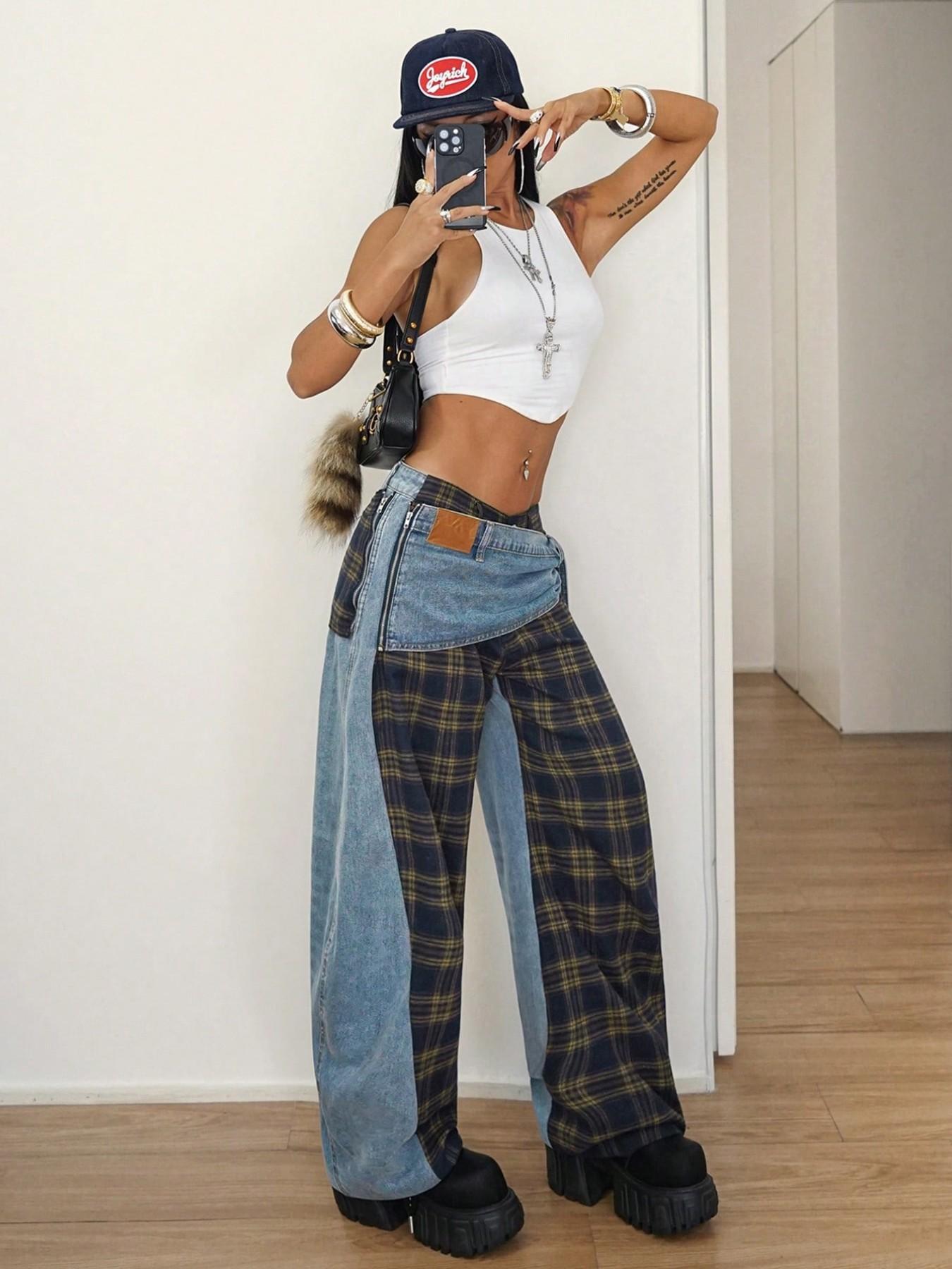 Women's Patchwork Plaid Side Tie Wide Leg Jeans, Fashionable Comfort Design, Perfect for Daily Wear, Trendy Stylish Accent, Casual Loose Jeans