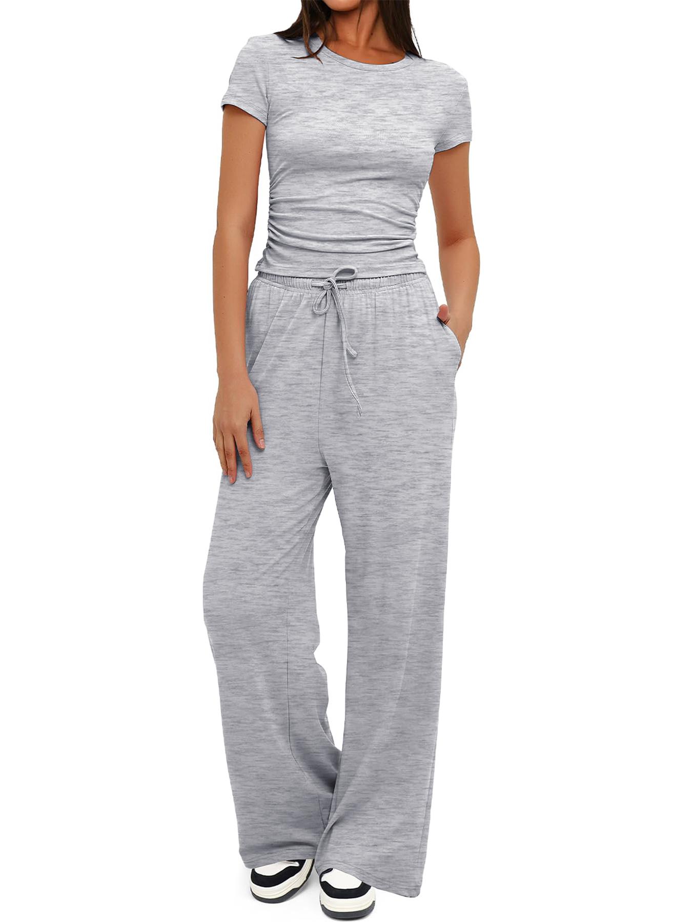 Women's Spring Summer Casual Set, Round Neck Short Sleeve Top & Wide Leg Pants, Slim Fit Home Wear, 2 Piece Comfortable, Casual Fashion Set