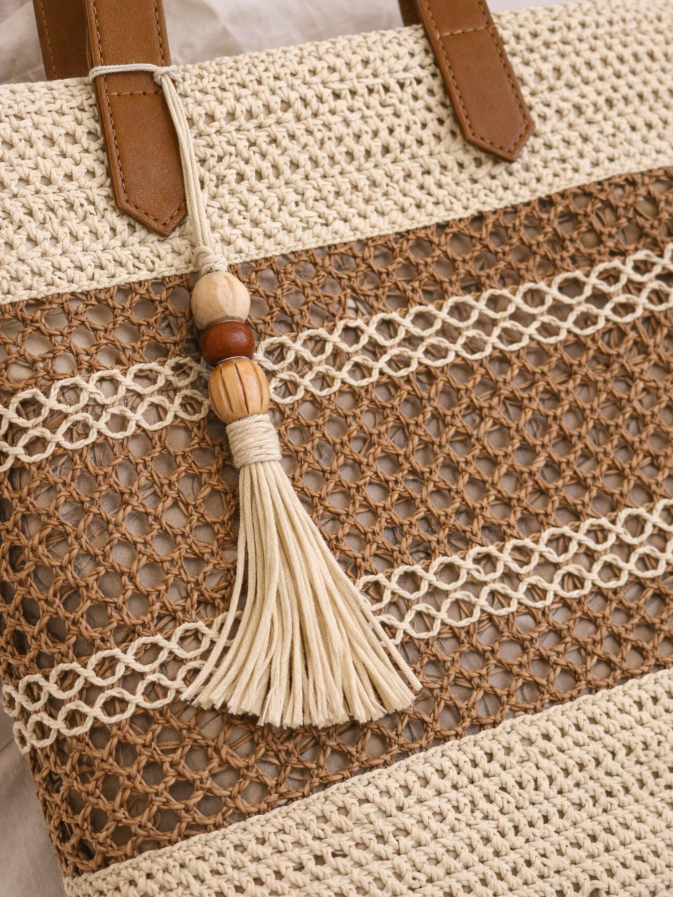 Vintage Tassel Woven Tote Bag 2026 | Boho Chic Hollow Out Straw Shoulder Bag | Large Capacity Crochet Beach Vacation Purse | Minimalist Aesthetic Summer Handbag for Women