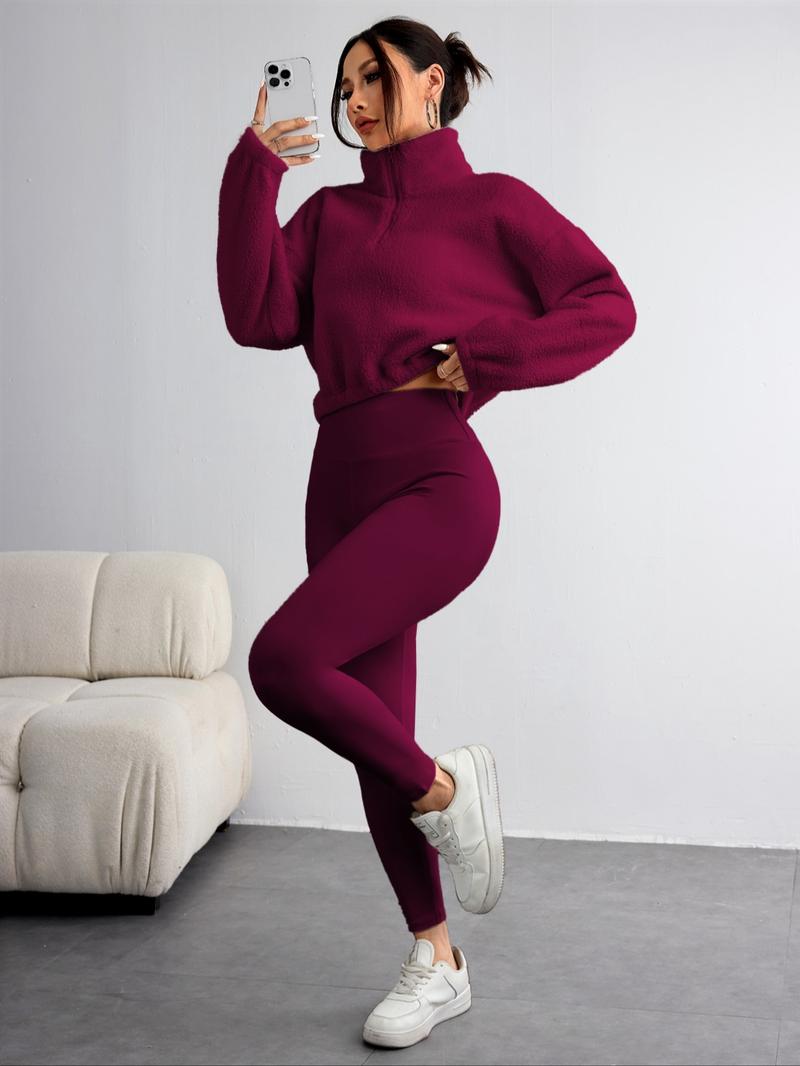 Women's Solid Zip Up Crop Pullover & Tank Top & Legging Three-piece Set, Casual Sporty Outfits for Yoga Gym Workout Running, Women's Sportswear for Fall & Winter, Yoga Tracksuit Set