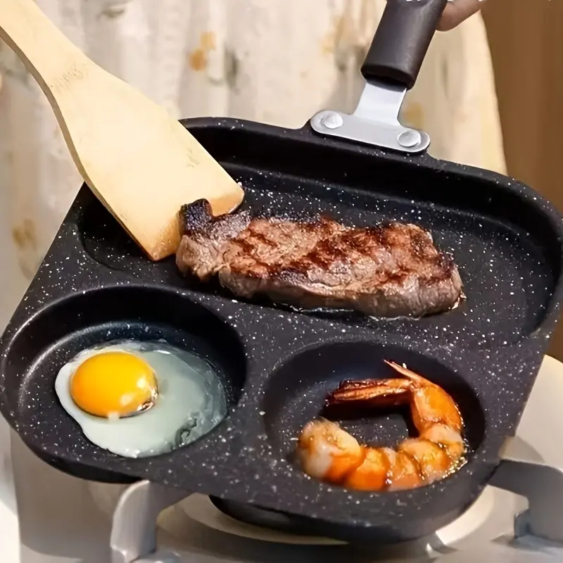 Three-in-One Breakfast Pan: Multifunctional Frying Pan, Multi-Compartment Frying Pan, Egg Frying Pan, Steak Pan, Burger Pan, Maifan Stone Non-Stick Frying Pan, Flat Bottom Pan