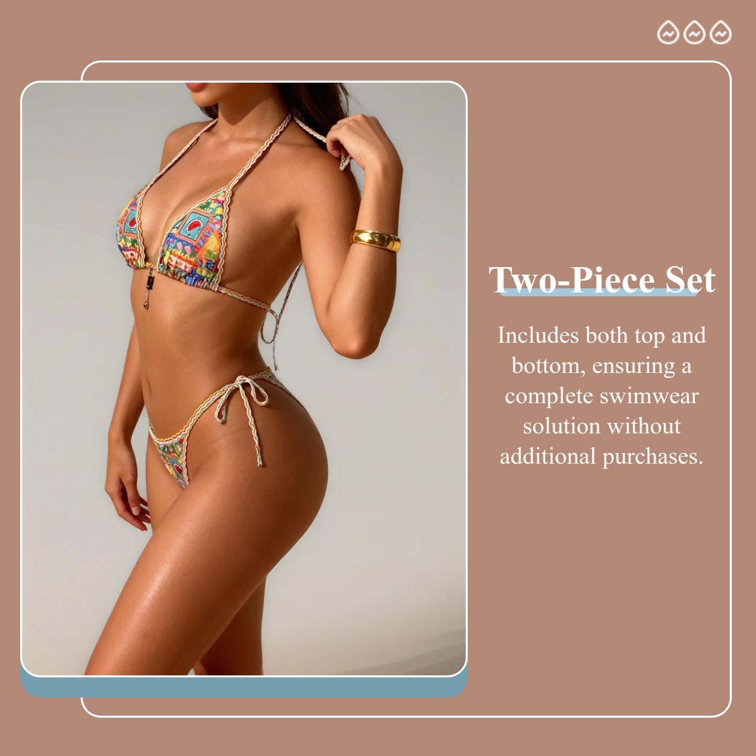Two-Piece Set Women's Fruit Print Pendant Decor Halter Triangle Bikini Set for Beach Holiday Vacation, Ladies Swimwear for All Seasons, High Stretch Bikini