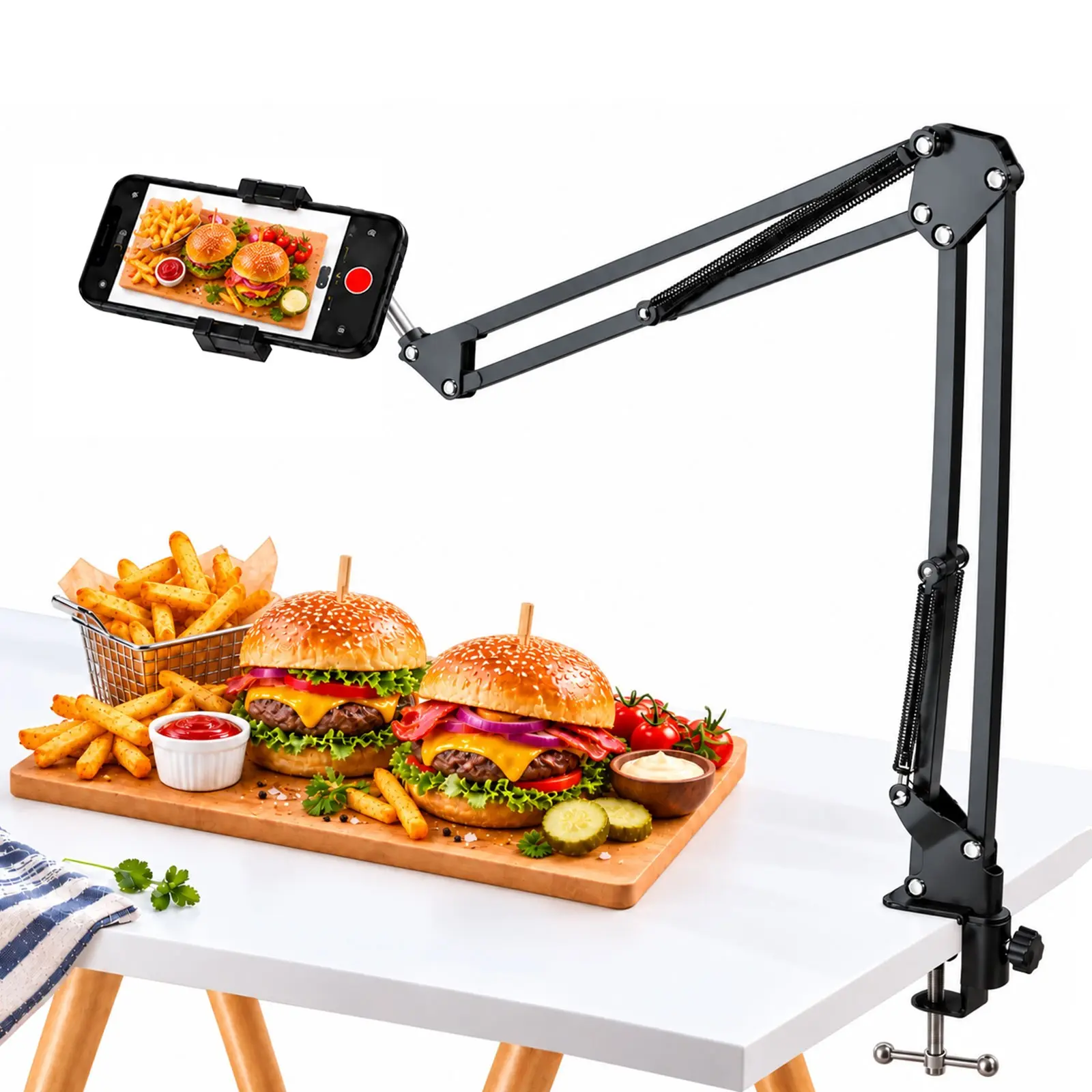 Overhead Tripod Mount for Camera Webcam Ring Light, 1 Set Flexible Phone Holder with Ball Head & Phone Clip & Bracket Base, Table Stand for Phone Video Recording Live Streaming Baking Crafting