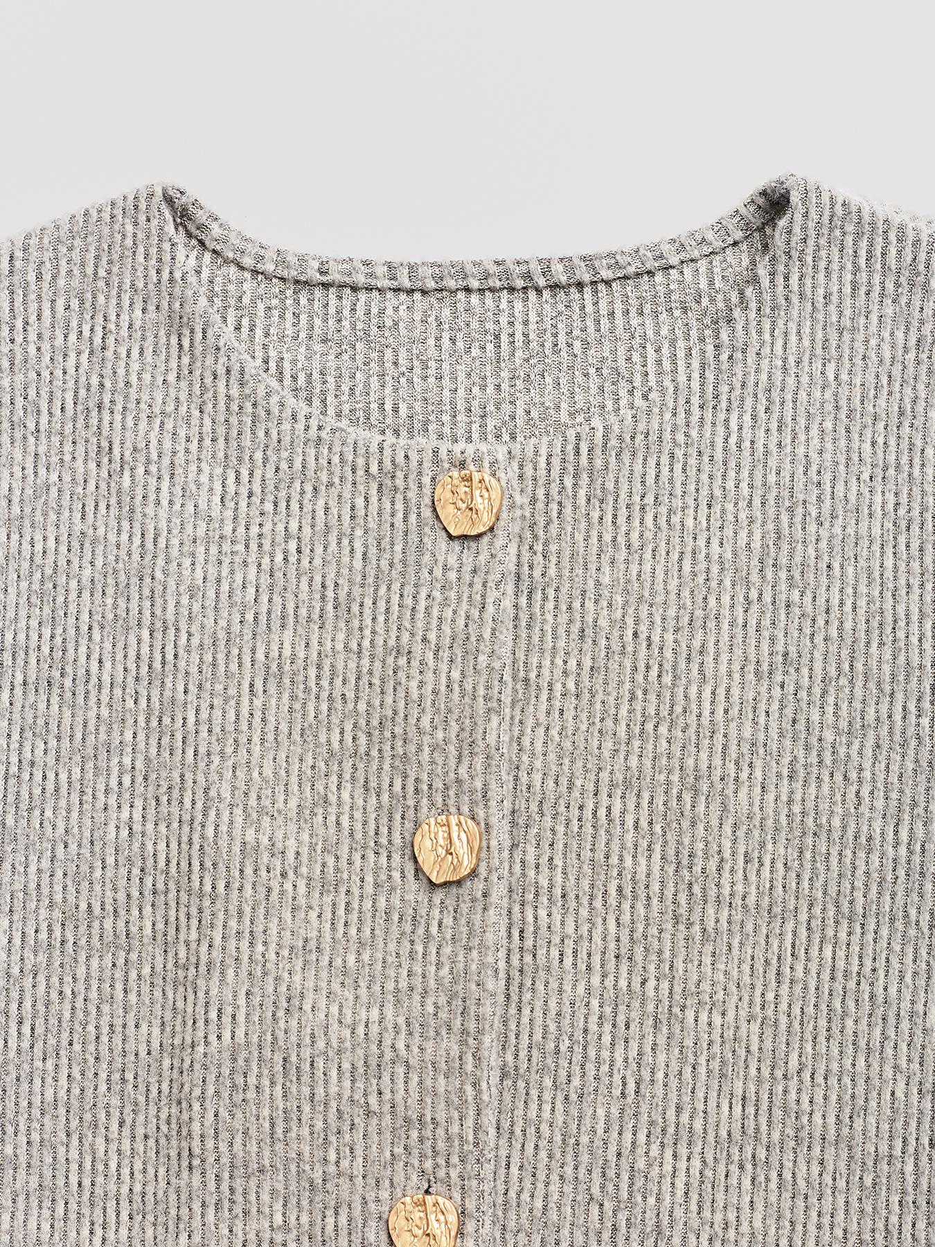 Women's Elegant Ribbed Knit Button-Front Long Sleeve Top, Casual Elegant Fitted Design in Medium-Weight Fabric for All-Season Wear