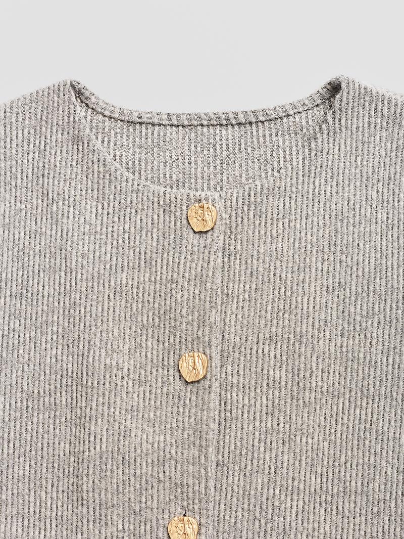 Women's Elegant Ribbed Knit Button-Front Long Sleeve Top, Casual Elegant Fitted Design in Medium-Weight Fabric for All-Season Wear