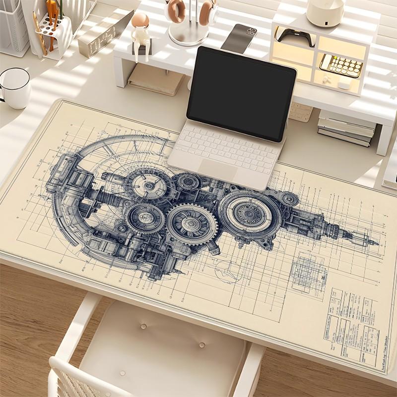 [Mouse Desk Pad] Non-Slip Mouse Pad Large Gaming Mouse Pad With Rubber Base & Stitched Edge Steampunk Gears Vintage Blueprint Design Desk Top Protector Mat For Home Office Use And Holiday Gifts