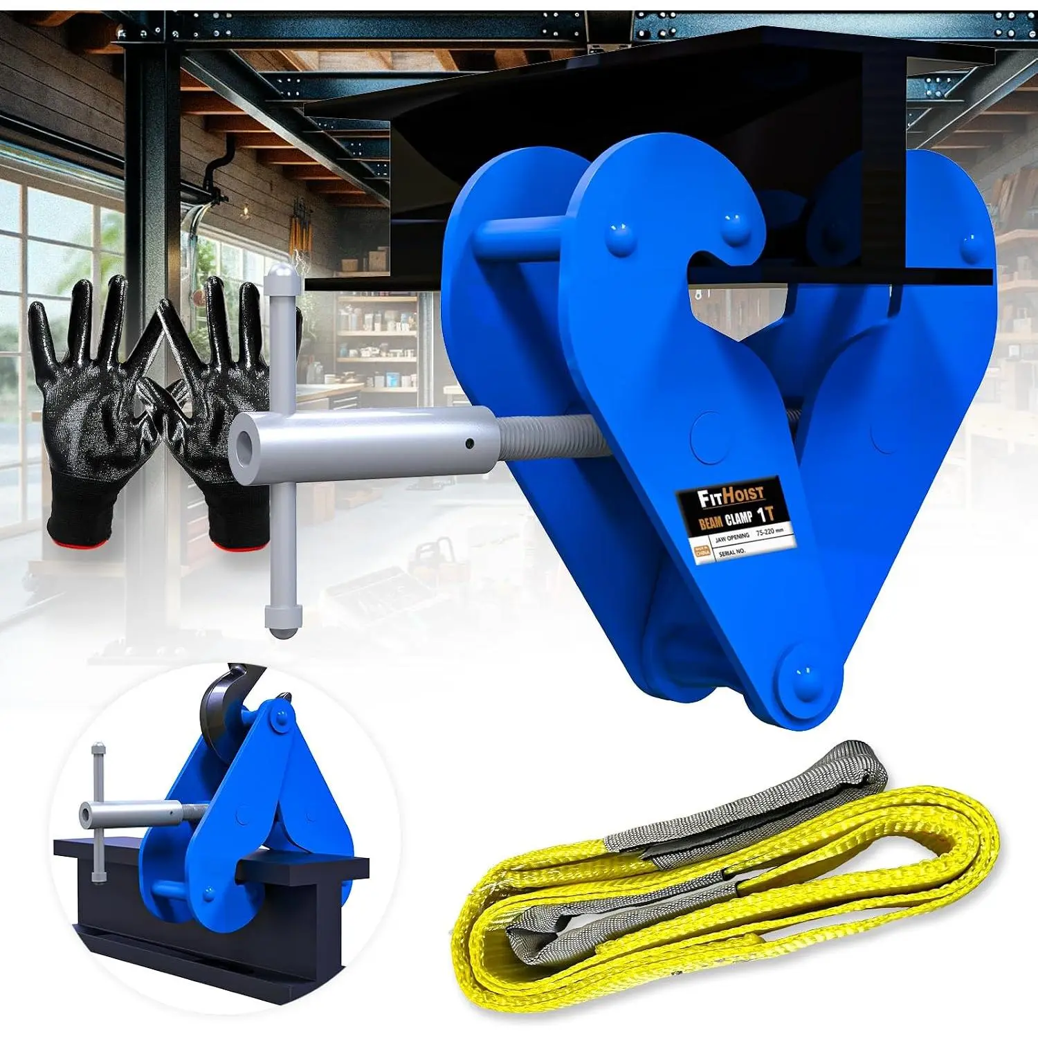 Beam Clamp 2200lbs With Lift Sling Straps & Gloves| 1 Ton Load Capacity I Beam Clamp| Lifting Clamp 3inch-9inch Opening Flange| Beam Clamps for Rigging