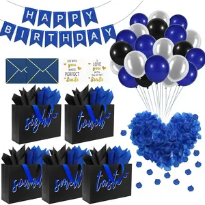 Epoesch 5 Senses Gift Bags for Him with Labels & Tissue Paper |   Happy Birthday Decorations Kit with Banner, Balloons, Rose Petals, Envelope, Card for Men, Boyfriend, Husband(Black - Blue lettering)