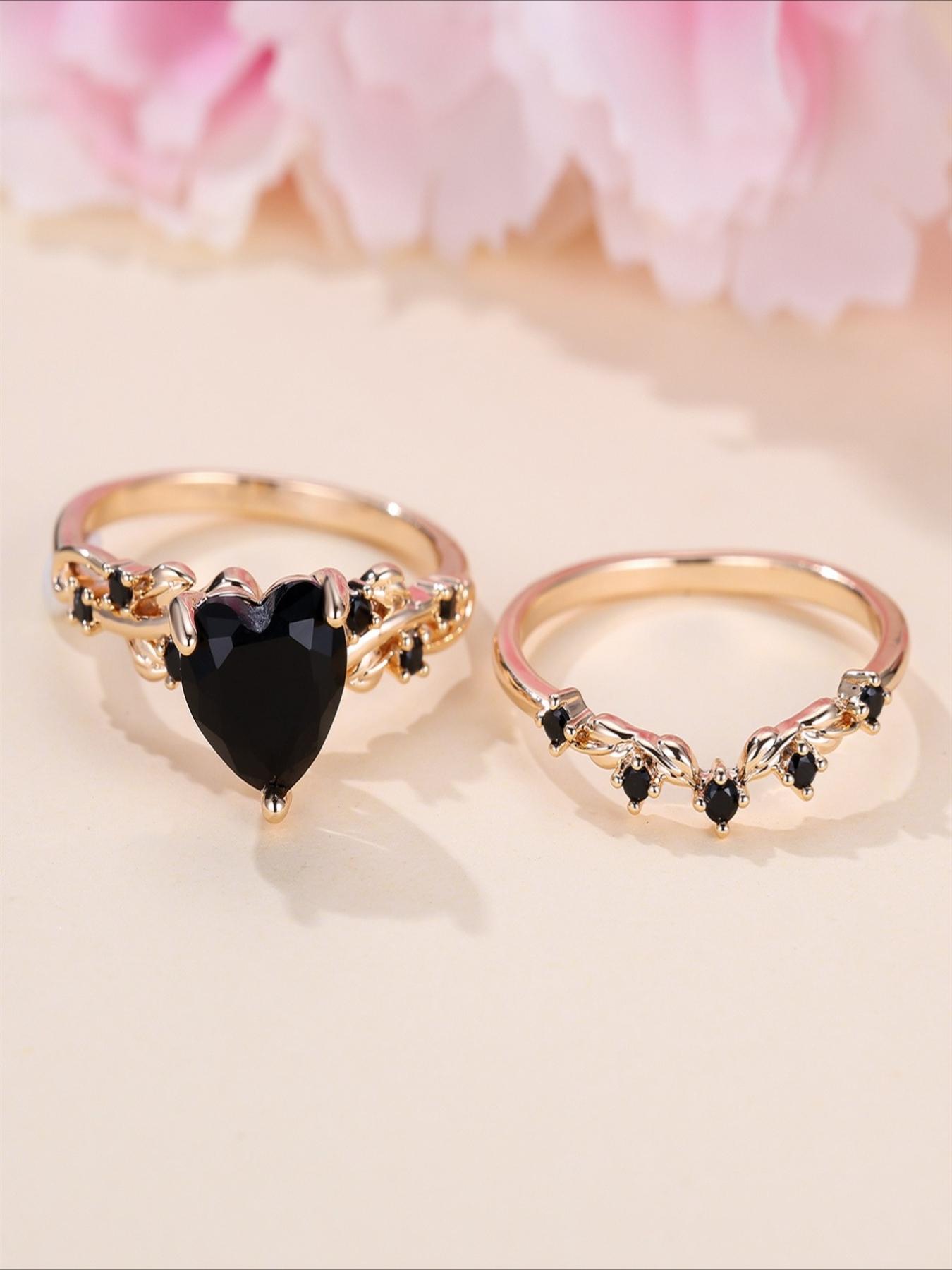 1 Set Heart-Shaped Black Zirconia Ring Set for Women - Wedding, Engagement, Party Wear, Sparkling and Gorgeous