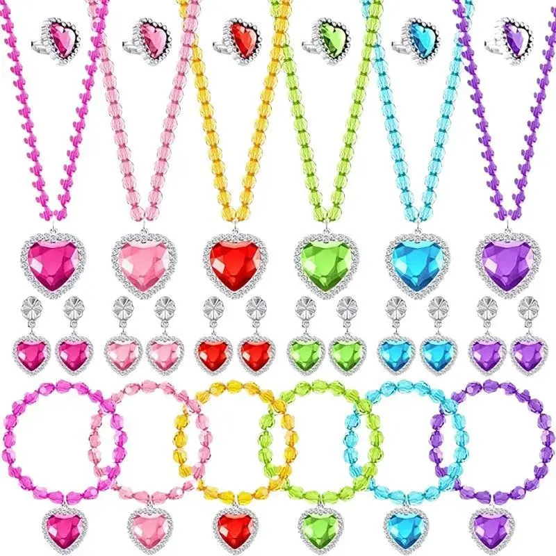 Girl Dress Up Jewelry Toddler Princess Ring Earrings Bracelets Necklaces Kids Costume Jewelry Set for Girl Tea Costume Party