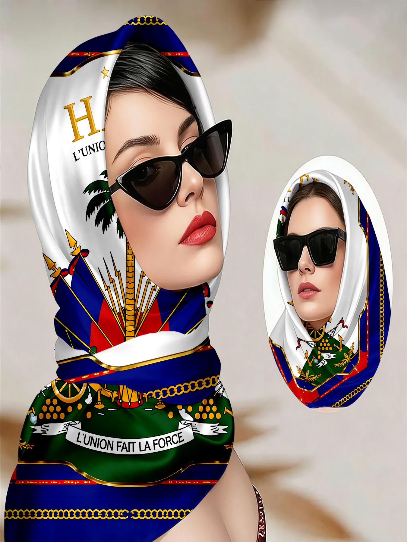 Haiti Cultural Scarf Cape Shawl Wrap – Coat of Arms Palm Tree Cannon Flags Print, Home Decor & Outfit Styling