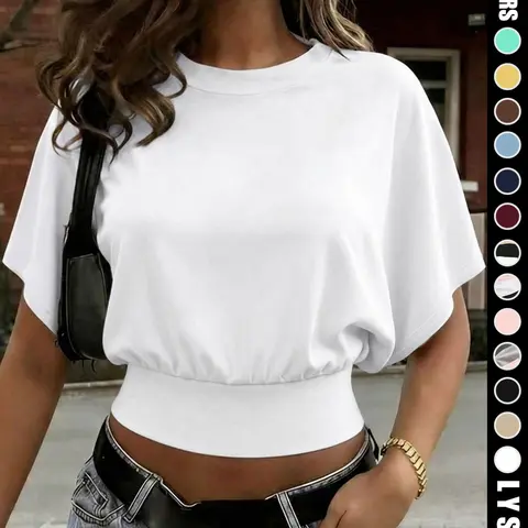 Women's Plain Basic Minimalist Batwing Sleeve Tee, Casual Everyday Short Sleeve Round Neck Fit T-Shirt for Daily Wear, Womenswear Women's Top for All Seasons