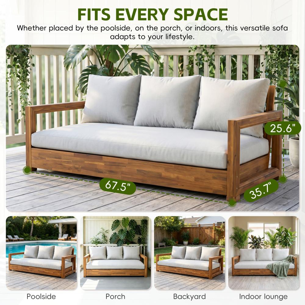 Patio Acacia Wood 3-seater Sofa Outdoor Low Seating Daybed for Poolside,Backyard,Deck, Front Porch,Indoor Use, Teak+Light Gray Patio Acacia Wood 3-seater Sofa Outdoor Low Seating Daybed for Poolside,Backyard,Deck, Front Porch,Indoor Use, Teak+Light Gray